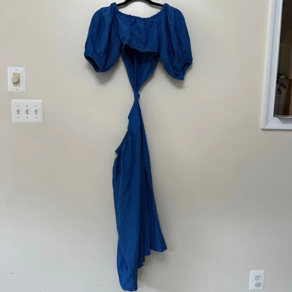 Farm Rio Knotted Cut Out Linen Blend Midi Dress Blue Women's Size XS - Picture 5 of 12